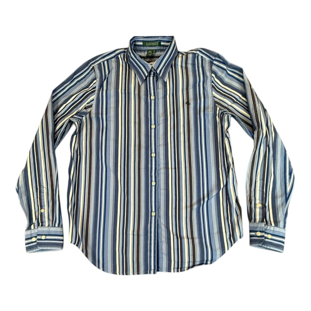 Lauren Ralph Lauren Mens Medium Blue Stripe Button Down Shirt Embroidered Logo